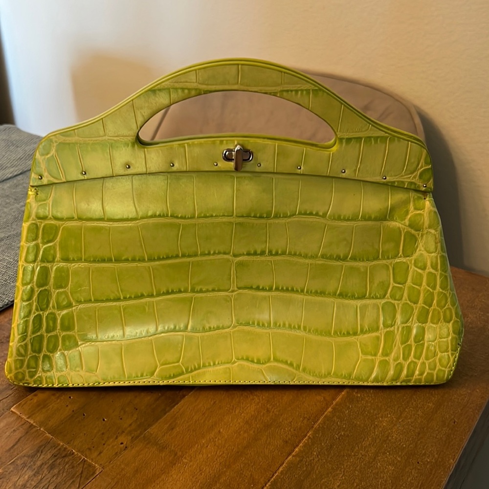 Citron Green Crocodile Embossed Monsac Handbag